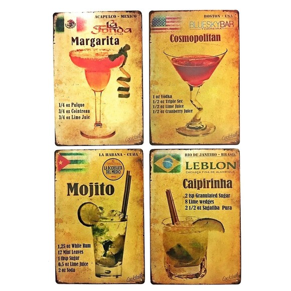 Set 4 Tin Signs Cocktails Around The World Margarita Cosmopolitan 12"x8" NEW - Picture 1 of 7